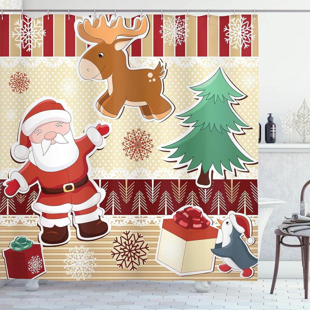 imageAmbesonne Christmas Shower Curtain Santa with Reindeer and Penguin Toys Snow Winter Celebration Design Cloth Fabric Bathroom Decor Set with Hooks 69quot W x 70quot L Ruby Cream