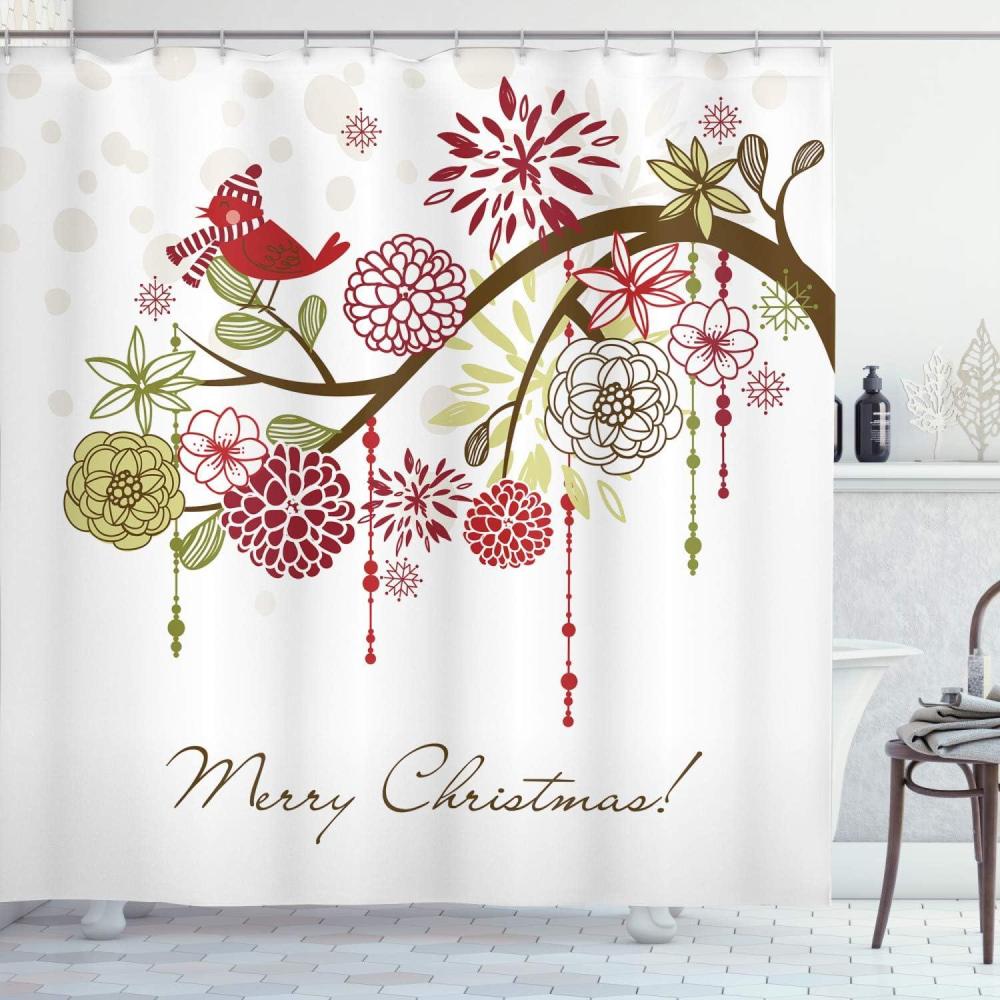 imageAmbesonne Christmas Shower Curtain Traditional Celebration Theme Pendant Stars Baubles Ornate Snowflakes Cloth Fabric Bathroom Decor Set with Hooks 69quot W x 70quot L Grey Red WhiteGreen White
