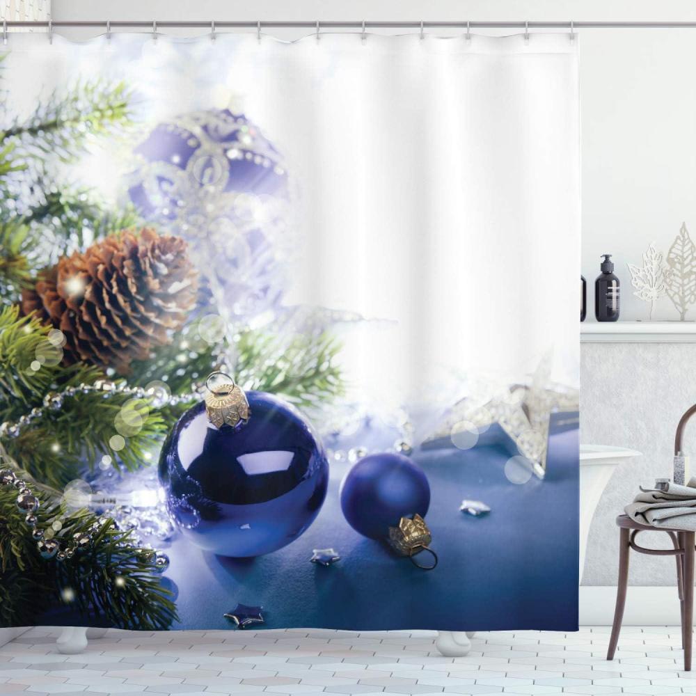 imageAmbesonne Christmas Shower Curtain Traditional Celebration Theme Pendant Stars Baubles Ornate Snowflakes Cloth Fabric Bathroom Decor Set with Hooks 69quot W x 70quot L Grey Red WhiteBlue Grey White