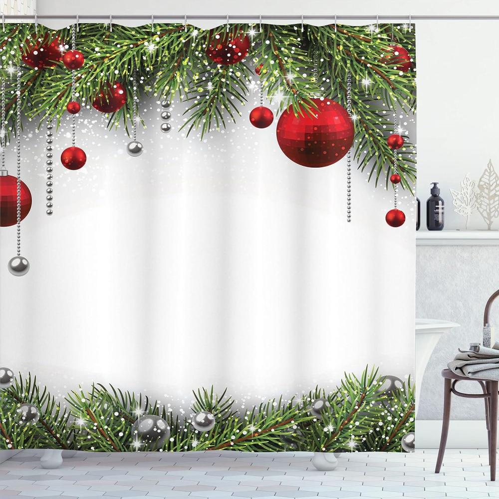imageAmbesonne Christmas Shower Curtain Traditional Celebration Theme Pendant Stars Baubles Ornate Snowflakes Cloth Fabric Bathroom Decor Set with Hooks 69quot W x 70quot L Grey Red WhiteGreen Silver White