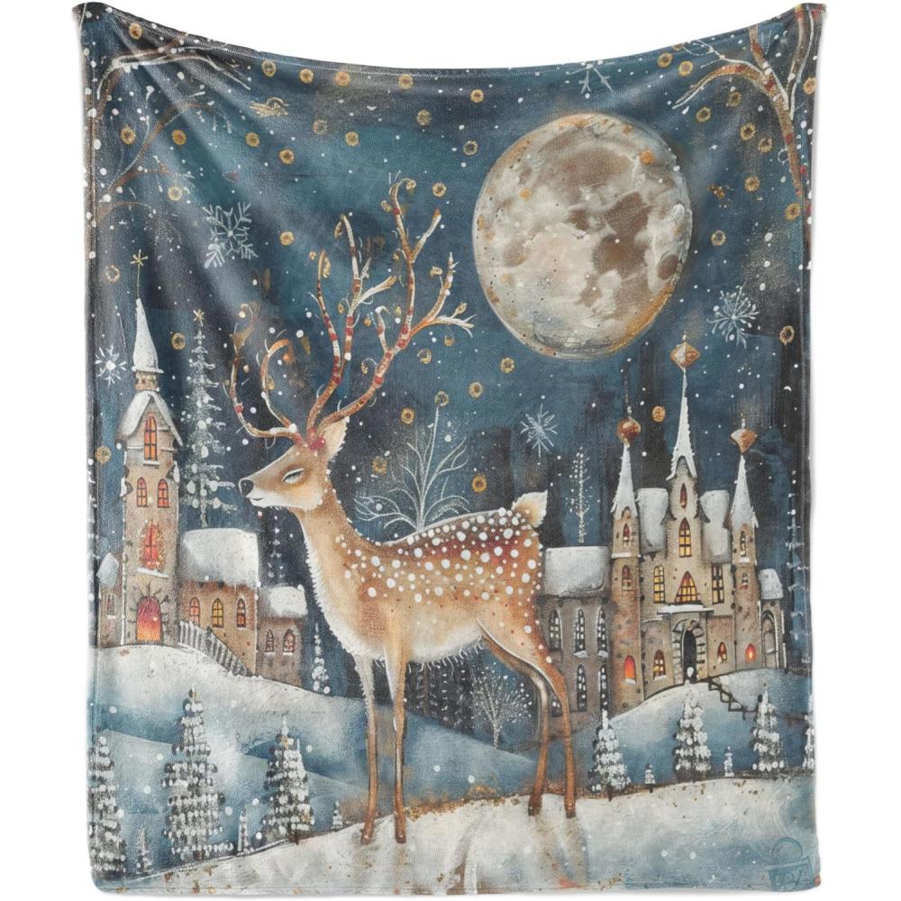 imageAmbesonne Christmas Throw Blanket Xmas Eve Starry Night in Snowy Town with Starry Sky Reindeer and Moon Flannel Fleece Accent Piece Soft Couch Cover for Adults 70quot x 90quot Cocoa Dark Slate BlueCocoa Dark Slate Blue