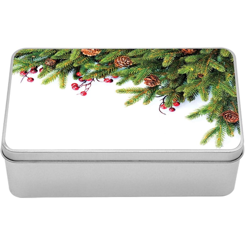 imageAmbesonne Christmas Tin Box Evergreen Fir Tree Branches with Cones Yule Celebration Holly Culture Design Portable Rectangle Metal Organizer Storage Box with Lid 72quot X 47quot X 22quot Green BrownGreen Brown