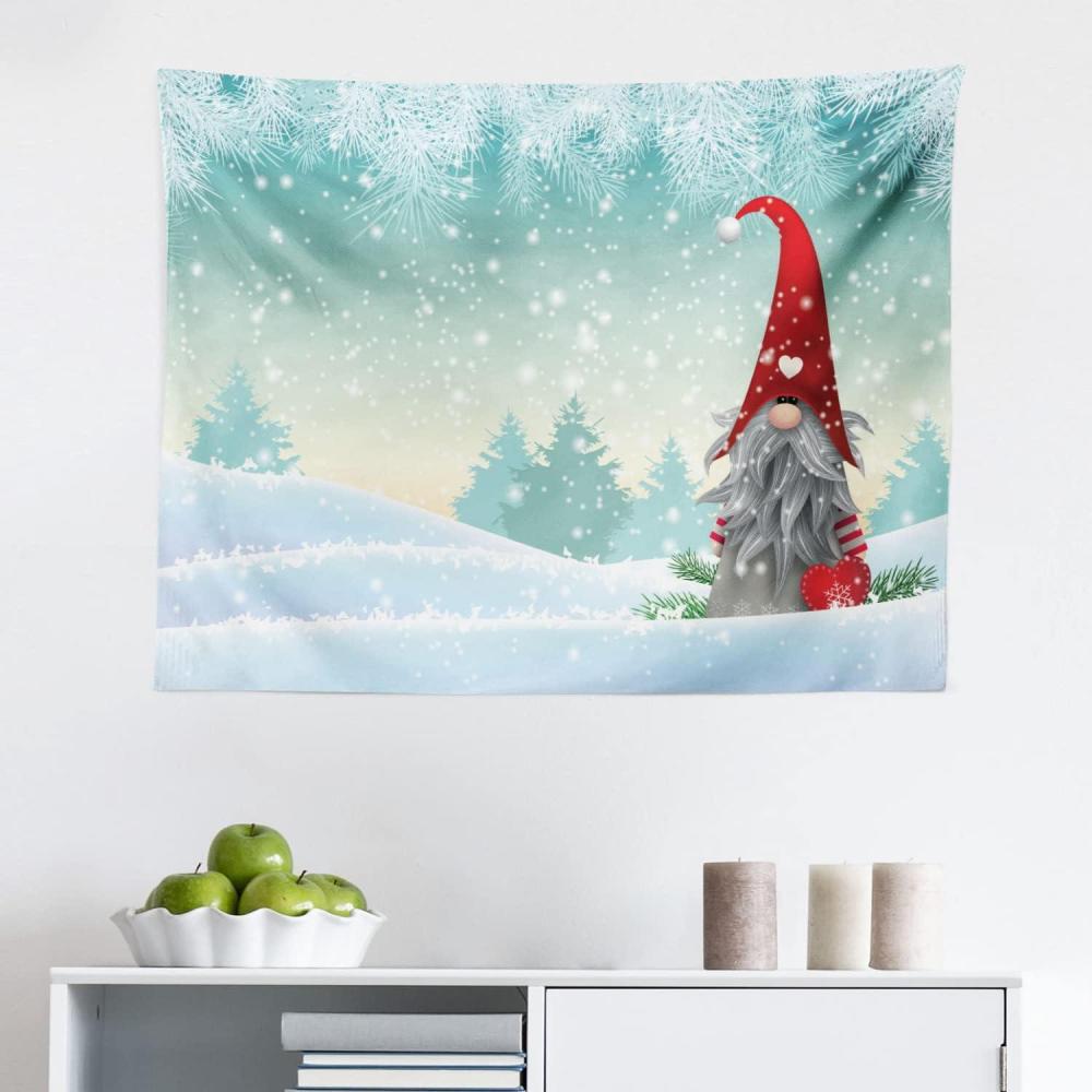imageAmbesonne Gnome Tapestry Elf Tomte Standing on Snow on the Winter Finnish Christmas Theme Fabric Wall Hanging Decor for Bedroom Living Room Dorm 28quot X 23quot Mint Green Pale Blue
