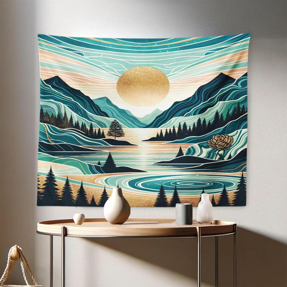 imageAmbesonne Hippie Tapestry Modern Scandi Crescent with Boho Floral and Leaves Greenery Black Cat Fabric Wall Hanging Decor for Bedroom Living Room Dorm 30quot X 45quot Grey Yellow Charcoal GreyTeal Cadet Blue Almond