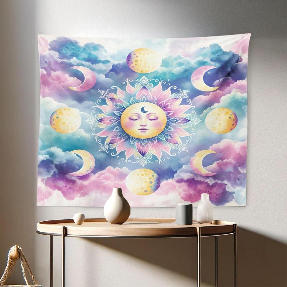 imageAmbesonne Hippie Tapestry Modern Scandi Crescent with Boho Floral and Leaves Greenery Black Cat Fabric Wall Hanging Decor for Bedroom Living Room Dorm 30quot X 45quot Grey Yellow Charcoal GreyPale Purple Blue and Cream