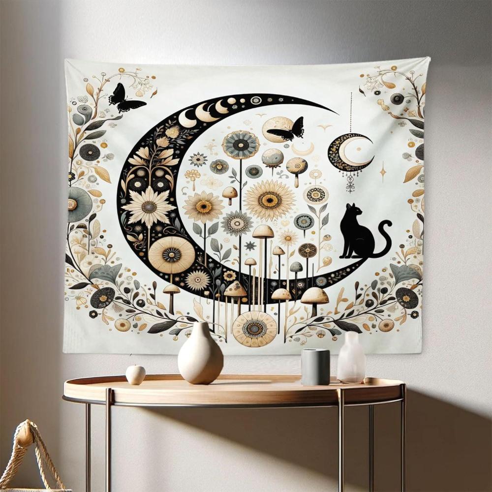 imageAmbesonne Hippie Tapestry Modern Scandi Crescent with Boho Floral and Leaves Greenery Black Cat Fabric Wall Hanging Decor for Bedroom Living Room Dorm 30quot X 45quot Grey Yellow Charcoal GreyGrey Yellow Charcoal Grey