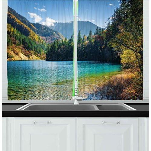imageAmbesonne Kitchen Decor Collection Sunset View on The Beach Shore Waves Surf Modern Home Decor Rocks Boats Sea Scenery Window Treatments for Kitchen Curtains 2 Panels 55X39 Inches Blue OrangeGreen and Blue