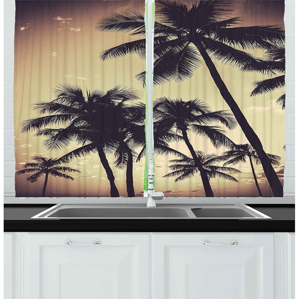 imageAmbesonne Kitchen Decor Collection Sunset View on The Beach Shore Waves Surf Modern Home Decor Rocks Boats Sea Scenery Window Treatments for Kitchen Curtains 2 Panels 55X39 Inches Blue OrangeSepia Grey