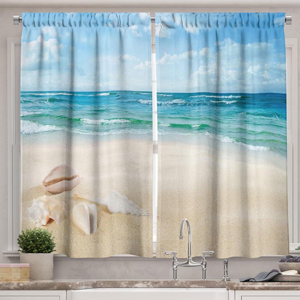 imageAmbesonne Kitchen Decor Collection Sunset View on The Beach Shore Waves Surf Modern Home Decor Rocks Boats Sea Scenery Window Treatments for Kitchen Curtains 2 Panels 55X39 Inches Blue OrangeCream Teal