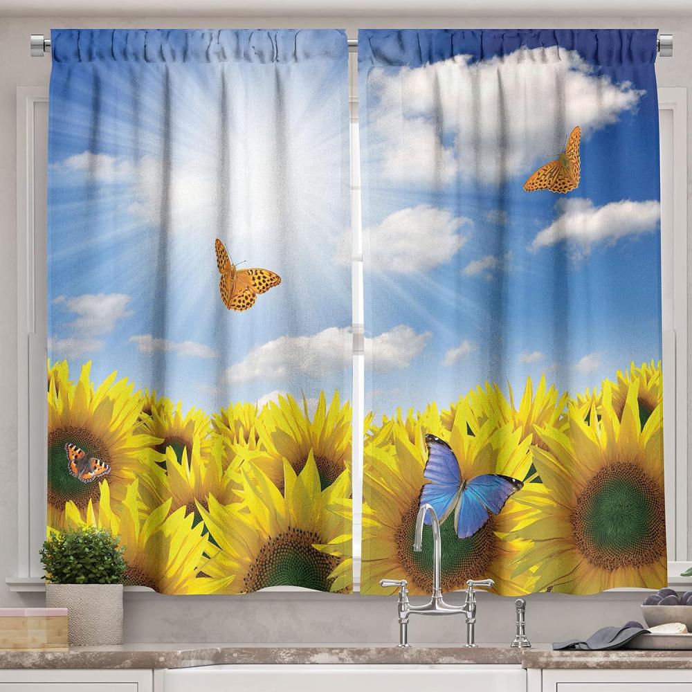 imageAmbesonne Kitchen Decor Collection Sunset View on The Beach Shore Waves Surf Modern Home Decor Rocks Boats Sea Scenery Window Treatments for Kitchen Curtains 2 Panels 55X39 Inches Blue OrangeYellow Blue