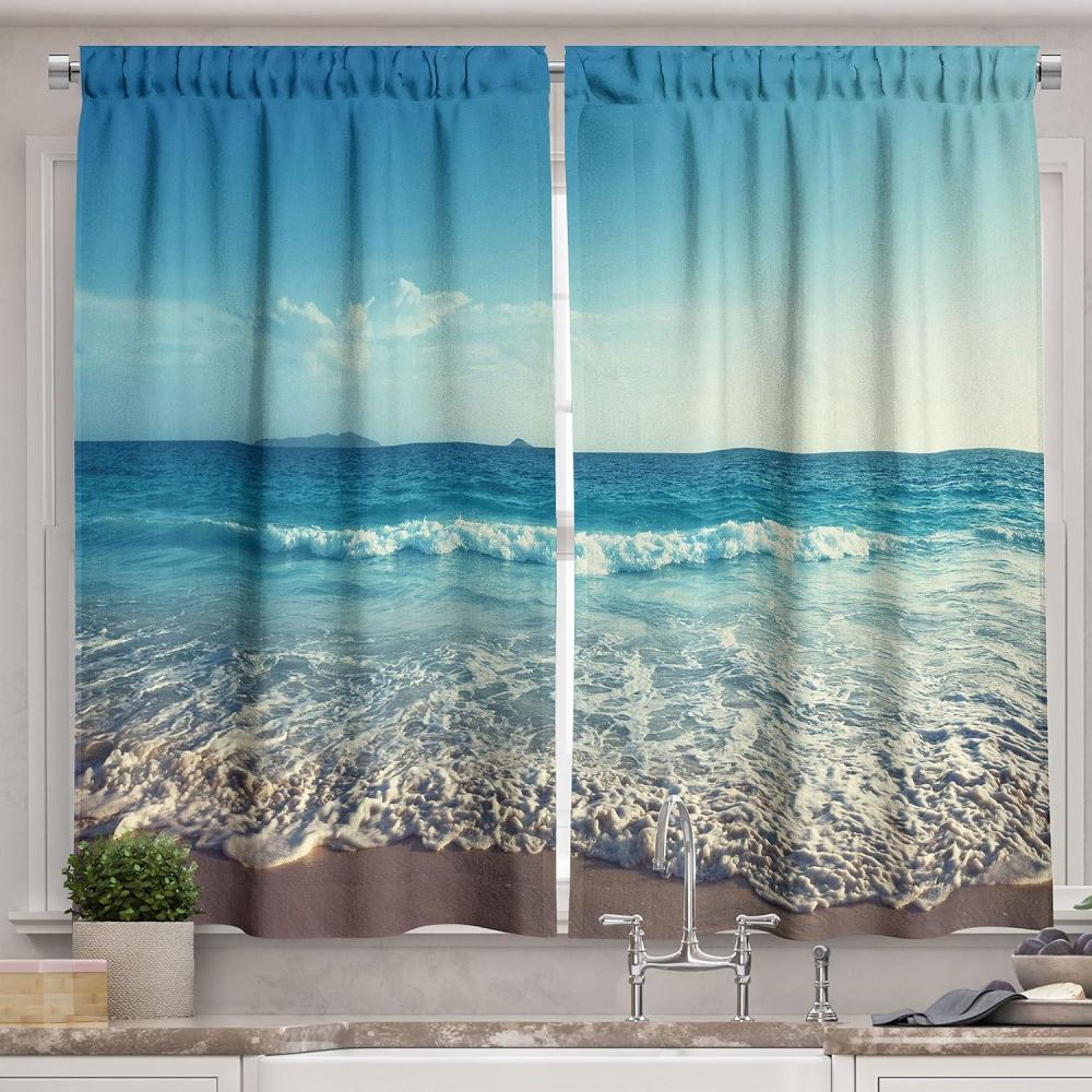 imageAmbesonne Kitchen Decor Collection Sunset View on The Beach Shore Waves Surf Modern Home Decor Rocks Boats Sea Scenery Window Treatments for Kitchen Curtains 2 Panels 55X39 Inches Blue OrangeTurquoise