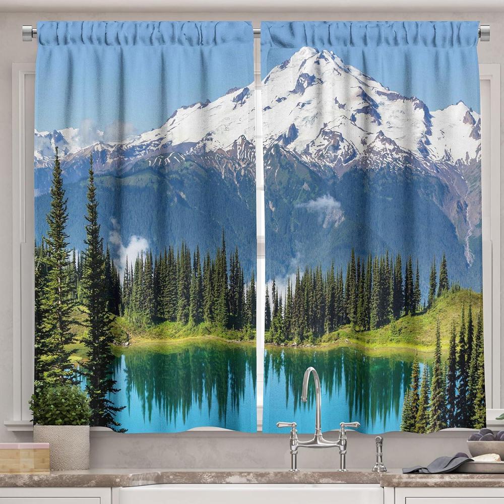 imageAmbesonne Kitchen Decor Collection Sunset View on The Beach Shore Waves Surf Modern Home Decor Rocks Boats Sea Scenery Window Treatments for Kitchen Curtains 2 Panels 55X39 Inches Blue OrangeGreen Fern