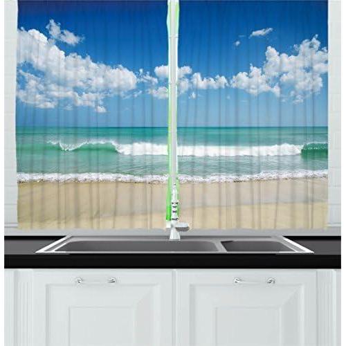 imageAmbesonne Kitchen Decor Collection Sunset View on The Beach Shore Waves Surf Modern Home Decor Rocks Boats Sea Scenery Window Treatments for Kitchen Curtains 2 Panels 55X39 Inches Blue OrangeTurquoise Cream