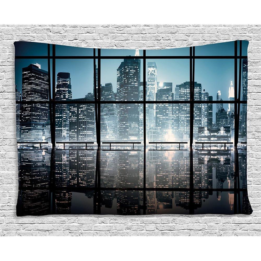 imageAmbesonne Modern Tapestry Modern New York City Scenery at Night with Skyscrapers Buildings Print Wide Wall Hanging for Bedroom Living Room Dorm 80quot X 60quot Black Blue