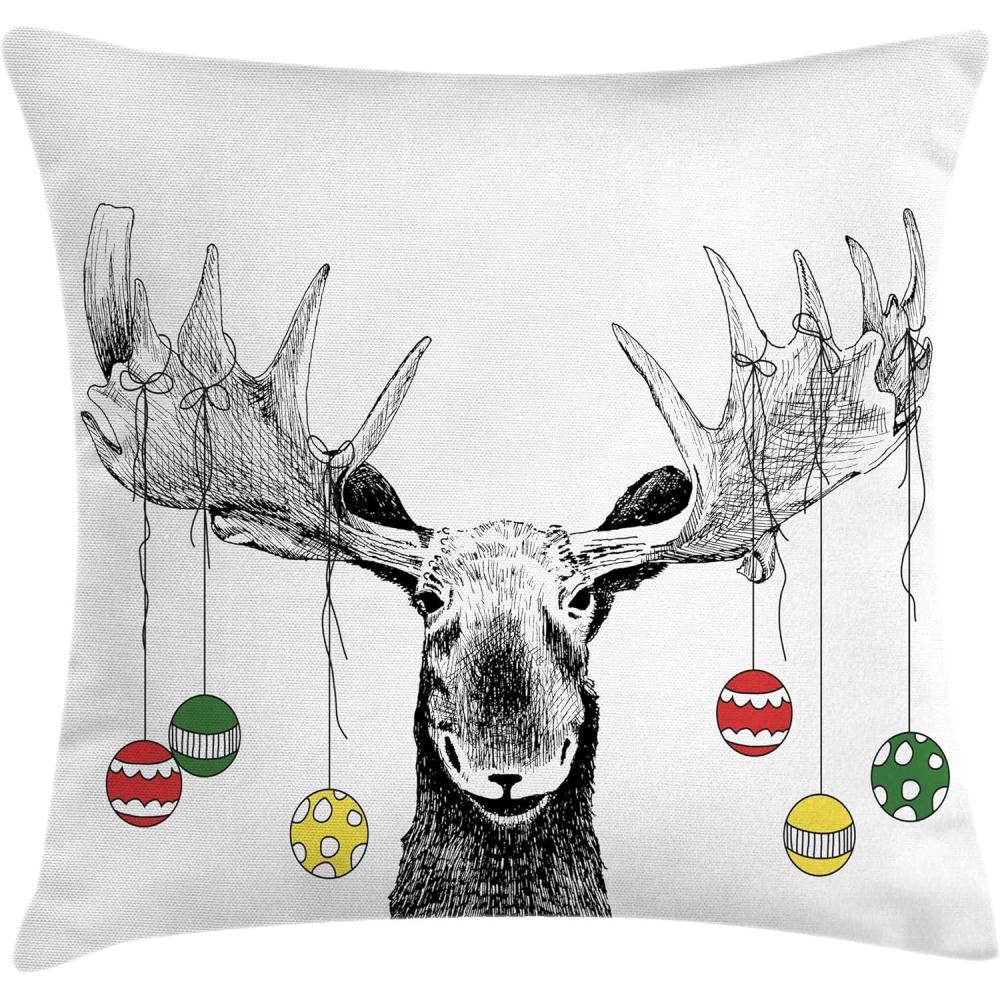 imageAmbesonne Moose Throw Pillow Cushion Cover Christmas Moose with Xmas Ornaments Balls Hanging from Horns Funny Noel Sketch Art Decorative Square Accent Pillow Case 20quot X 20quot White MulticolorWhite Multicolor
