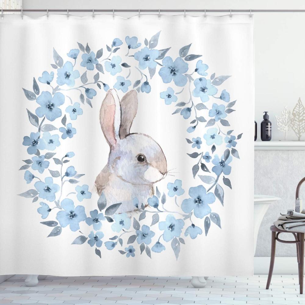 imageAmbesonne Nature Shower Curtain Winter Animals Colorful Group of Birds Sitting on Tree Forest Design with Reindeers Cloth Fabric Bathroom Decor Set with Hooks 69quot W x 70quot L White and GreyBlue White