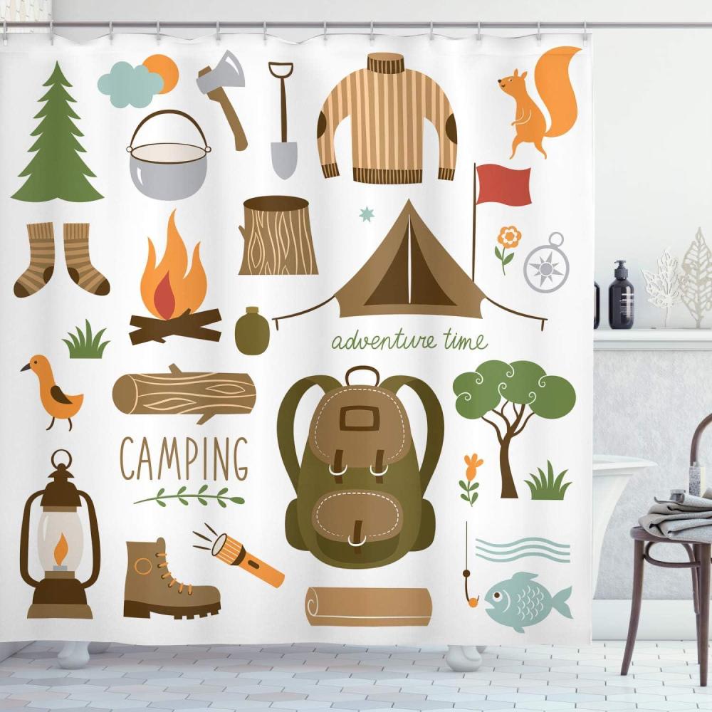 imageAmbesonne Nature Shower Curtain Winter Animals Colorful Group of Birds Sitting on Tree Forest Design with Reindeers Cloth Fabric Bathroom Decor Set with Hooks 69quot W x 70quot L White and GreyCocoa Green