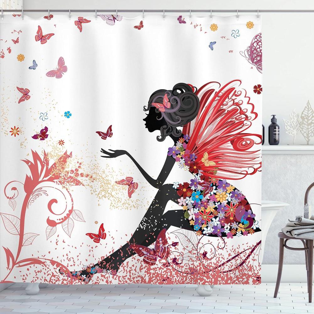 imageAmbesonne Nature Shower Curtain Winter Animals Colorful Group of Birds Sitting on Tree Forest Design with Reindeers Cloth Fabric Bathroom Decor Set with Hooks 69quot W x 70quot L White and GreyDark Coral
