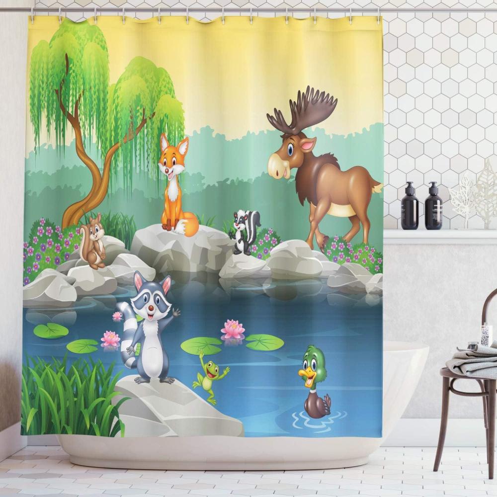 imageAmbesonne Nature Shower Curtain Winter Animals Colorful Group of Birds Sitting on Tree Forest Design with Reindeers Cloth Fabric Bathroom Decor Set with Hooks 69quot W x 70quot L White and GreyLime Green and Multicolor