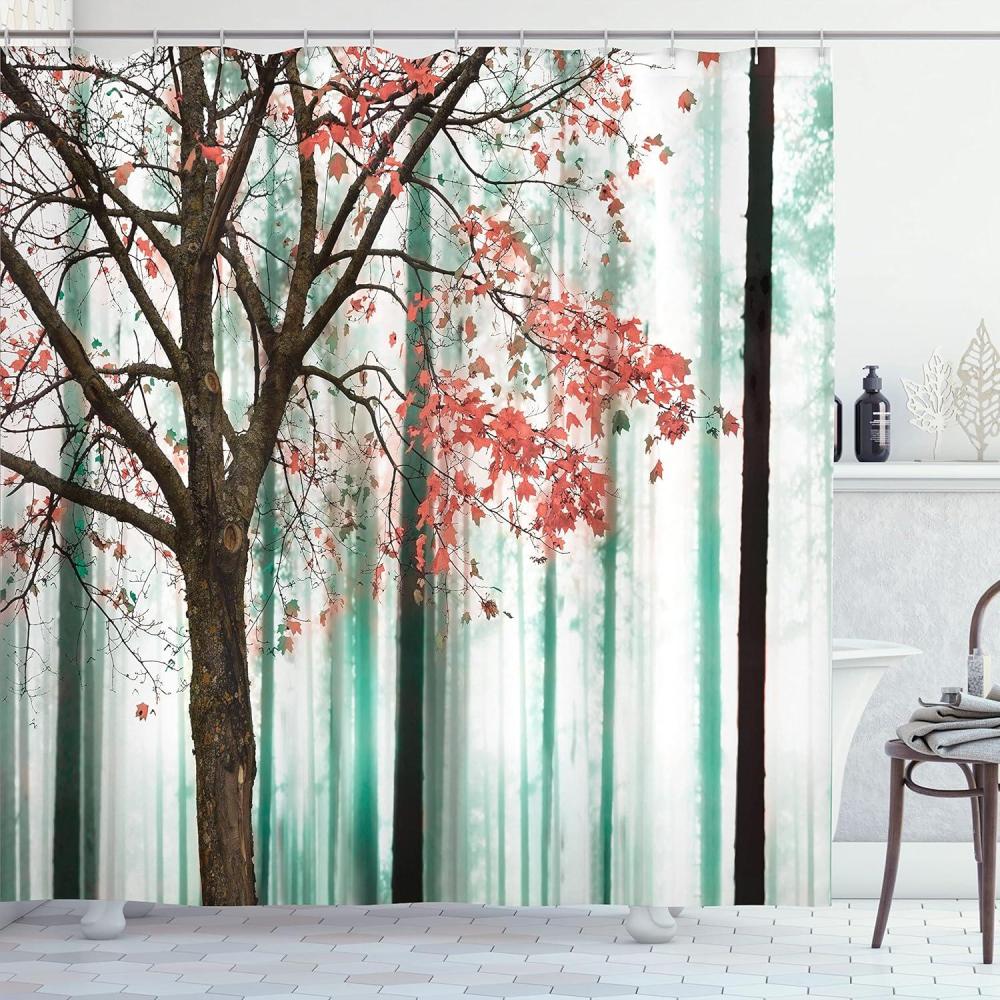 imageAmbesonne Nature Shower Curtain Winter Animals Colorful Group of Birds Sitting on Tree Forest Design with Reindeers Cloth Fabric Bathroom Decor Set with Hooks 69quot W x 70quot L White and GreySalmon Turquoise