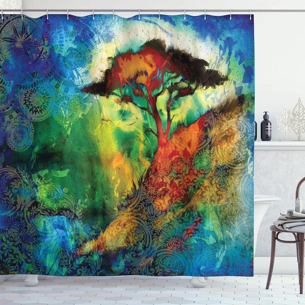 imageAmbesonne Nature Shower Curtain Winter Animals Colorful Group of Birds Sitting on Tree Forest Design with Reindeers Cloth Fabric Bathroom Decor Set with Hooks 69quot W x 70quot L White and GreyBurgundy Jade Green Apricot