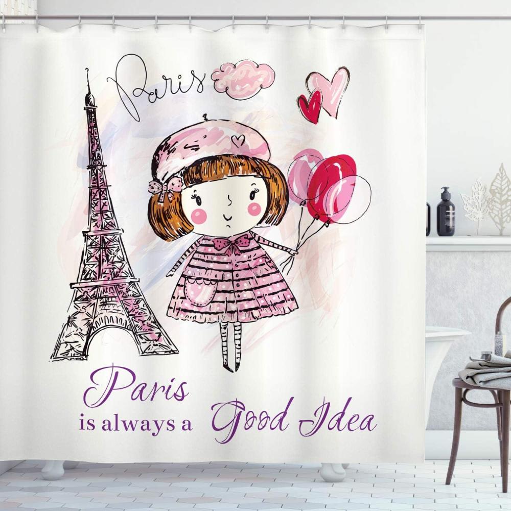 imageAmbesonne Nature Shower Curtain Winter Animals Colorful Group of Birds Sitting on Tree Forest Design with Reindeers Cloth Fabric Bathroom Decor Set with Hooks 69quot W x 70quot L White and GreyPale Pink Purple White