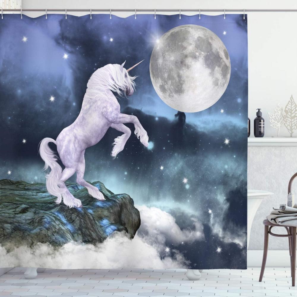 imageAmbesonne Nature Shower Curtain Winter Animals Colorful Group of Birds Sitting on Tree Forest Design with Reindeers Cloth Fabric Bathroom Decor Set with Hooks 69quot W x 70quot L White and GreyLilac Blue