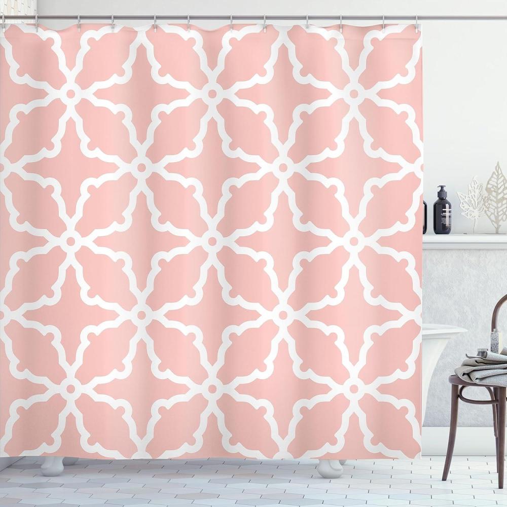 imageAmbesonne Pink Shower Curtain Grunge Design Neutral Colors Boho Diamont Look Rhombus Pattern Abstract Art Cloth Fabric Bathroom Decor Set with Hooks 69quot W x 70quot L Soft Pink Blush WhitePale Salmon White