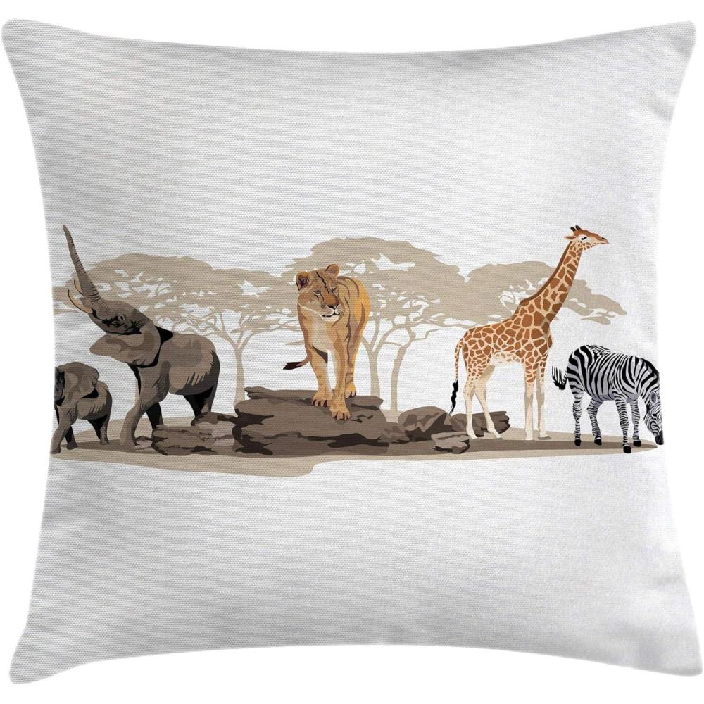 imageAmbesonne Safari Throw Pillow Cushion Cover Illustration of Wild Savannahs Animals Exotic Giraffe Lion Elephant Zebra Decorative Square Accent Pillow Case 16quot X 16quot BeigeBeige