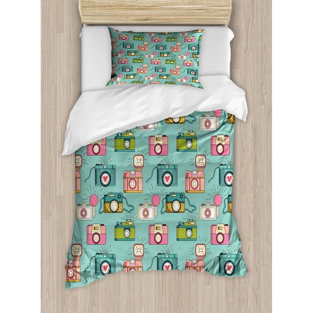 imageAmbesonne Vintage Christmas Duvet Cover Set Holiday Cheery Retro Santa Claus with Nostalgic Weathered Effect Decorative 3 Piece Bedding Set with 2 Pillow Shams Queen Size Dark Pink Pale BlueAlmond Green