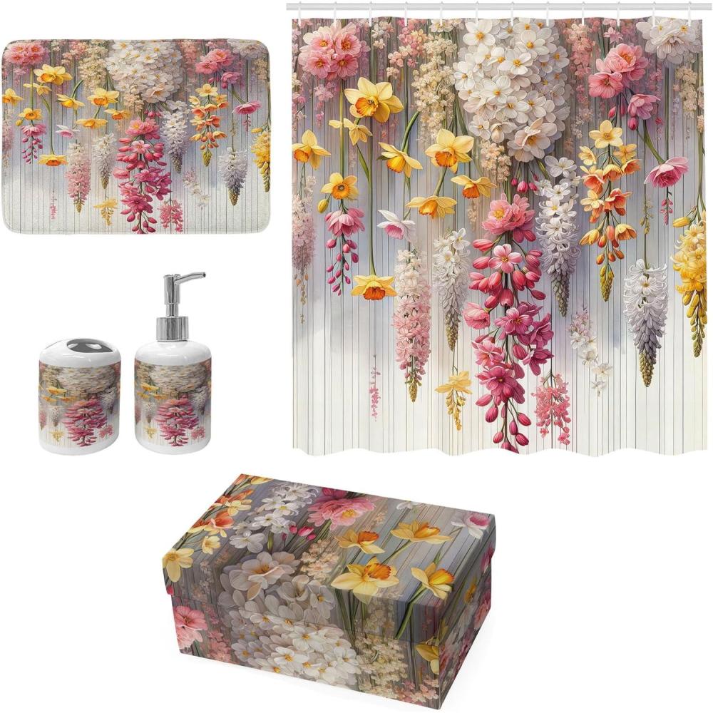 imageAmbesonne Winter Shower Curtain Snow Covered Forest Idyllic Early Morning Scenery Seasonal Xmas Nature Cloth Fabric Bathroom Decor Set with Hooks 69quot W x 70quot L Black White Slate BlueMustard Dried Rose