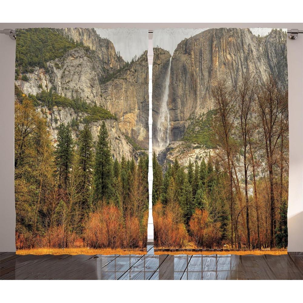 imageAmbesonne Yosemite Curtains Yosemite Falls Trees Mountain Cliff Autumn National Park California Nature Print Living Room Bedroom Window Drapes 2 Panel Set 108quot X 90quot Orange