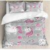 Ambesonne Christmas Duvet Cover Set, Floral Winter Red Bird Hat and Scarf on Blooming Tree Nature Inspired, Decorative 3 Piece Bedding Set with 2 Pillow Shams, Queen Size, Burgundy Green(Grey Pale Pink White)