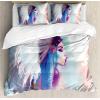 Ambesonne Christmas Duvet Cover Set, Floral Winter Red Bird Hat and Scarf on Blooming Tree Nature Inspired, Decorative 3 Piece Bedding Set with 2 Pillow Shams, Queen Size, Burgundy Green(Blue Salmon)
