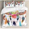 Ambesonne Christmas Duvet Cover Set, Floral Winter Red Bird Hat and Scarf on Blooming Tree Nature Inspired, Decorative 3 Piece Bedding Set with 2 Pillow Shams, Queen Size, Burgundy Green(White Pink)