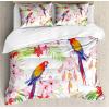 Ambesonne Christmas Duvet Cover Set, Floral Winter Red Bird Hat and Scarf on Blooming Tree Nature Inspired, Decorative 3 Piece Bedding Set with 2 Pillow Shams, Queen Size, Burgundy Green(Green Pink)