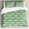 Ambesonne Christmas Duvet Cover Set, Floral Winter Red Bird Hat and Scarf on Blooming Tree Nature Inspired, Decorative 3 Piece Bedding Set with 2 Pillow Shams, Queen Size, Burgundy Green(Sea Green Yellow)