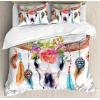 Ambesonne Christmas Duvet Cover Set, Floral Winter Red Bird Hat and Scarf on Blooming Tree Nature Inspired, Decorative 3 Piece Bedding Set with 2 Pillow Shams, Queen Size, Burgundy Green(White Pink)