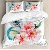 Ambesonne Christmas Duvet Cover Set, Floral Winter Red Bird Hat and Scarf on Blooming Tree Nature Inspired, Decorative 3 Piece Bedding Set with 2 Pillow Shams, Queen Size, Burgundy Green(Pink Grey)
