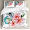 Ambesonne Christmas Duvet Cover Set, Floral Winter Red Bird Hat and Scarf on Blooming Tree Nature Inspired, Decorative 3 Piece Bedding Set with 2 Pillow Shams, Queen Size, Burgundy Green(Pink Grey)