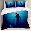 Ambesonne Christmas Duvet Cover Set, Floral Winter Red Bird Hat and Scarf on Blooming Tree Nature Inspired, Decorative 3 Piece Bedding Set with 2 Pillow Shams, Queen Size, Burgundy Green(Indigo Blue)