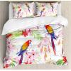 Ambesonne Christmas Duvet Cover Set, Floral Winter Red Bird Hat and Scarf on Blooming Tree Nature Inspired, Decorative 3 Piece Bedding Set with 2 Pillow Shams, Queen Size, Burgundy Green(Green Pink)