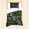 Ambesonne Christmas Duvet Cover Set, Merry Christmas Lettering on an Abstract Modern Snowflake Dot Pattern, Decorative 3 Piece Bedding Set with 2 Pillow Shams, King Size, Black Beige(Green Grey and Ruby)