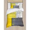 Ambesonne Christmas Duvet Cover Set, Merry Christmas Lettering on an Abstract Modern Snowflake Dot Pattern, Decorative 3 Piece Bedding Set with 2 Pillow Shams, King Size, Black Beige(Grey Yellow)