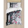 Ambesonne Christmas Duvet Cover Set, Merry Christmas Lettering on an Abstract Modern Snowflake Dot Pattern, Decorative 3 Piece Bedding Set with 2 Pillow Shams, King Size, Black Beige(Grey Coral)