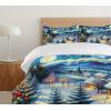 Ambesonne Christmas Duvet Cover Set, Merry Christmas Lettering on an Abstract Modern Snowflake Dot Pattern, Decorative 3 Piece Bedding Set with 2 Pillow Shams, King Size, Black Beige(Blue Evergreen and Mustard)