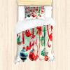 Ambesonne Christmas Duvet Cover Set, Vintage Merry Xmas Wreath Several Noel Yule and Ribbons Candles Bells Image, Decorative 3 Piece Bedding Set with 2 Pillow Shams, King Size, Red(Dark Coral Green Blue)