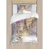 Ambesonne Christmas Duvet Cover Set, Vintage Merry Xmas Wreath Several Noel Yule and Ribbons Candles Bells Image, Decorative 3 Piece Bedding Set with 2 Pillow Shams, King Size, Red(Pink White)