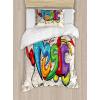 Ambesonne Christmas Duvet Cover Set, Vintage Merry Xmas Wreath Several Noel Yule and Ribbons Candles Bells Image, Decorative 3 Piece Bedding Set with 2 Pillow Shams, King Size, Red(Tan Green)