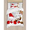 Ambesonne Christmas Duvet Cover Set, Vintage Merry Xmas Wreath Several Noel Yule and Ribbons Candles Bells Image, Decorative 3 Piece Bedding Set with 2 Pillow Shams, King Size, Red(Vermilion Caramel White)